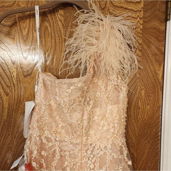 Mac DUGAL Elegant One-Shoulder Lace Dress with Feather Detail SIze 4 $798 - Picture 11 of 14
